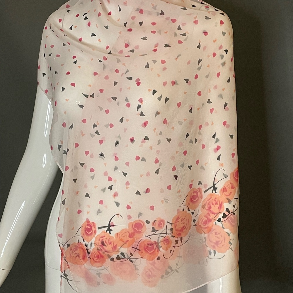 Pretty Vintage Valentine Heart Florals silky Poly Scarf Huge 18 x 64 Good Cond